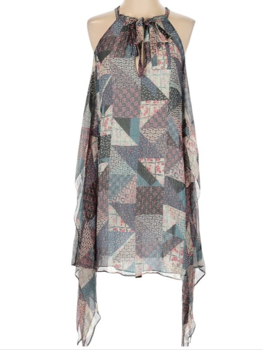BCBGMAXAZRIA Andi Halter Handkerchief Dress Boho Patchwork Silk Blend Size Small
